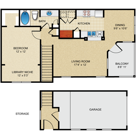 Floor plan for 1 bed, 1 bath, 848 sqft